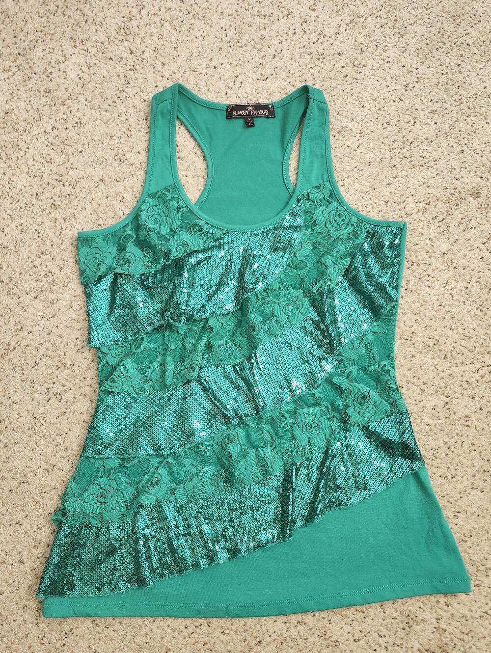 Almost Famous Teal Blue Ruffle Lace Rose Tank Top Blouse